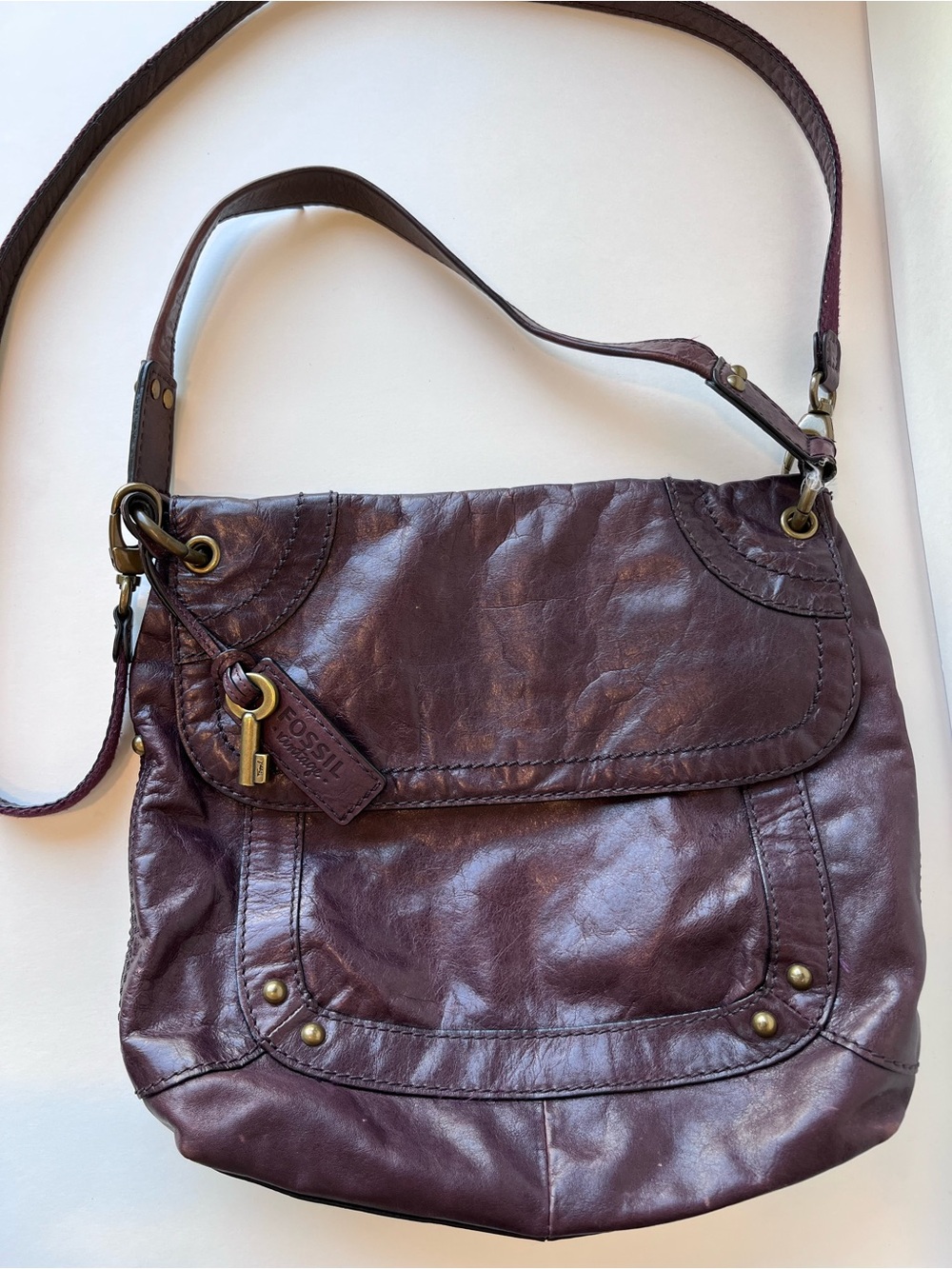 Vintage Fossil Dark Plum Messenger Boho Bag